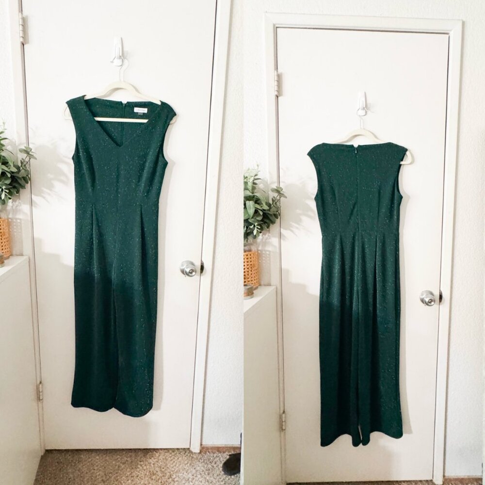 ☀️ CALVIN KLEIN Dark Emerald Green V Neck Shimmer Jumpsuit Size 6 Petite Crop